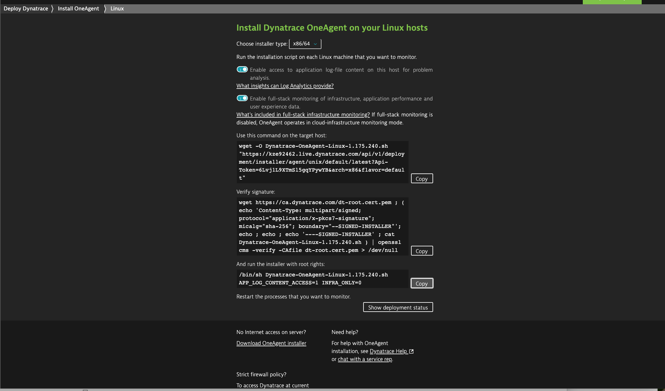 View Dynatrace OneAgent Installer