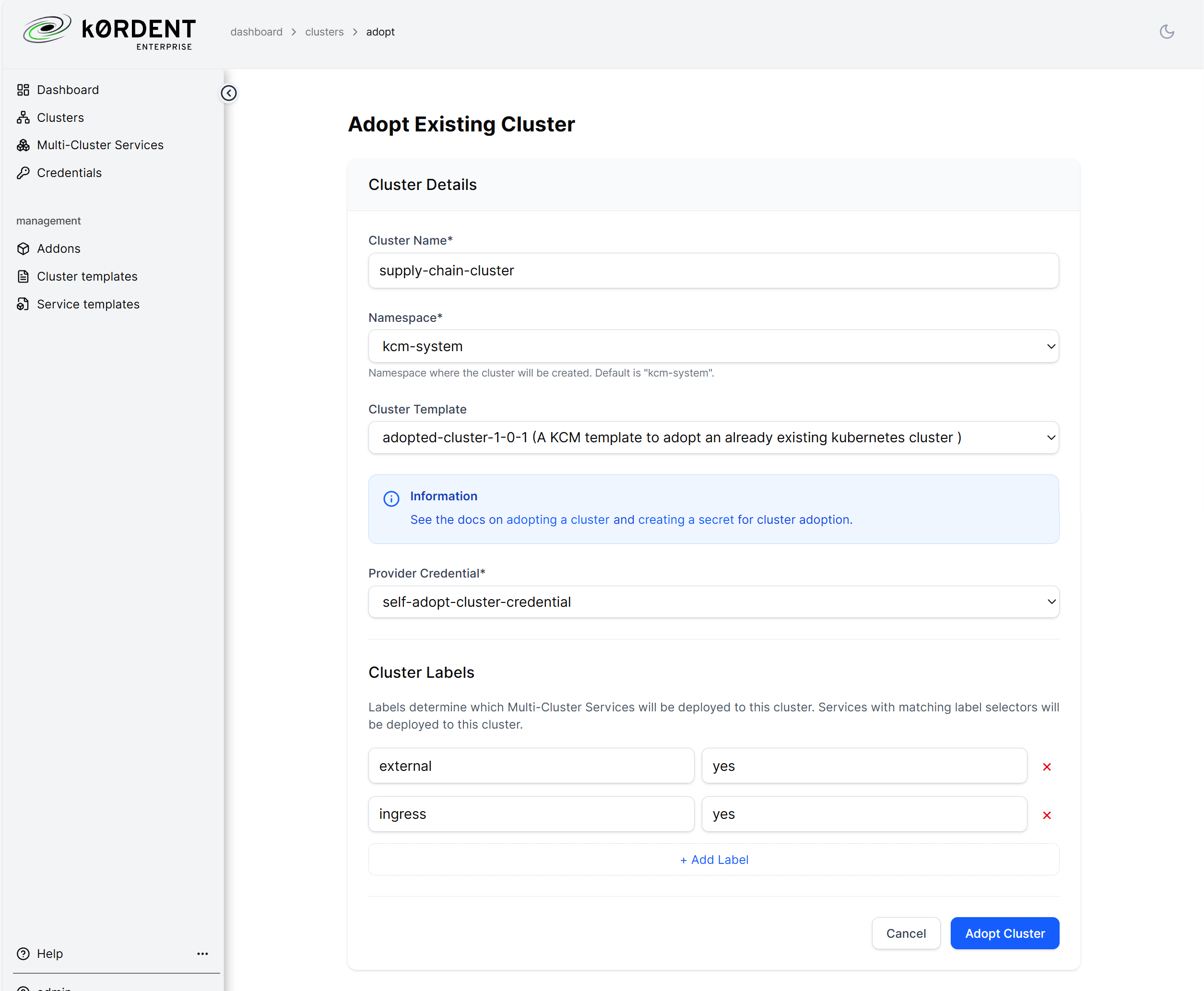 k0rdent-ui Adopt a cluster