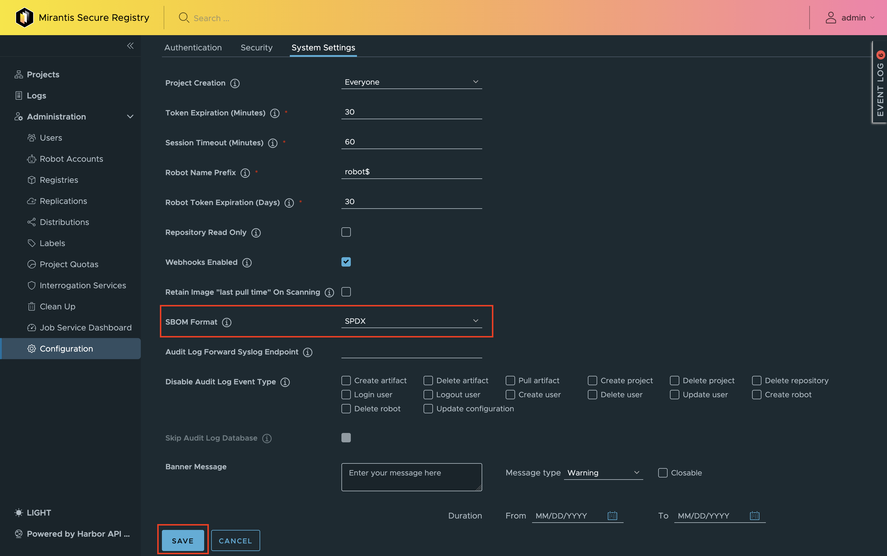 SBOM format configuration